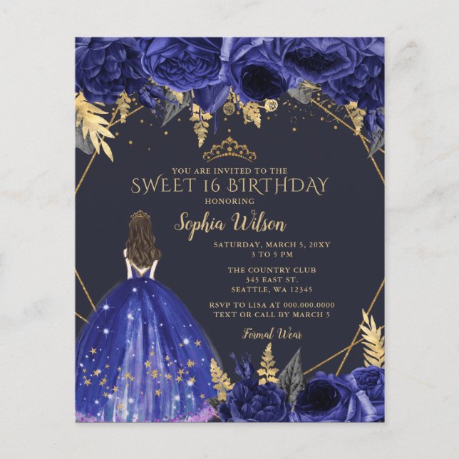 Budget Royal Blue Princess Sweet 16 Invitation (Front)
