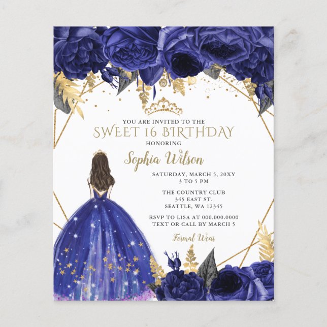 Budget Royal Blue Princess Sweet 16 Invitation (Front)