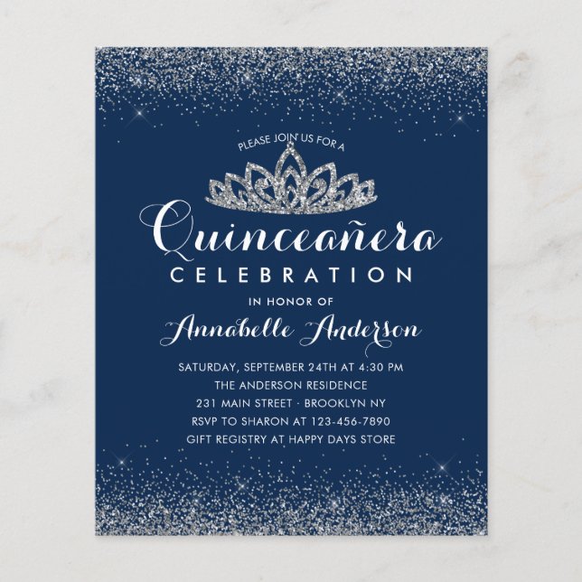 Budget Royal Blue Quinceañera Silver Tiara Invite (Front)