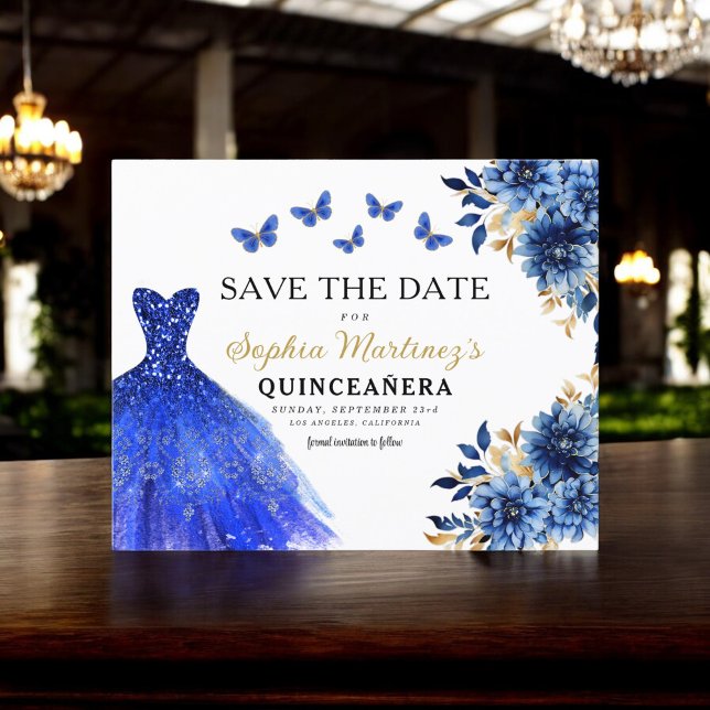 Budget Royal Blue Save the Date Quinceanera Flyer (Creator Uploaded)