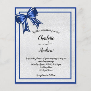 Budget royal blue silver bow wedding invitation