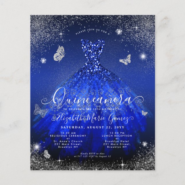 Budget Royal Blue Silver Gown Quinceanera Invite (Front)