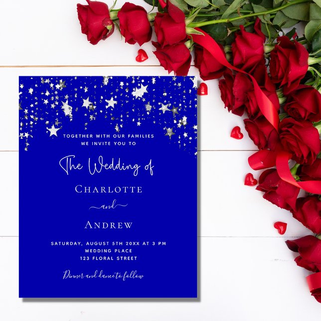 Budget royal blue silver stars wedding invitation flyer (Creator Uploaded)
