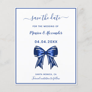 Budget royal blue white bow wedding Save the Date