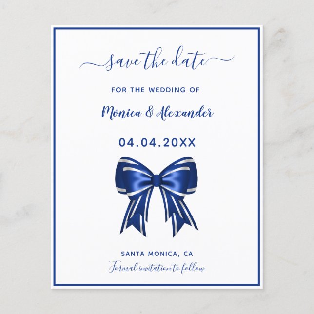 Budget royal blue white bow wedding Save the Date (Front)
