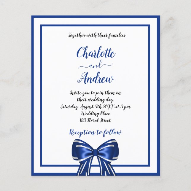 Budget royal blue white elegant bow wedding (Front)