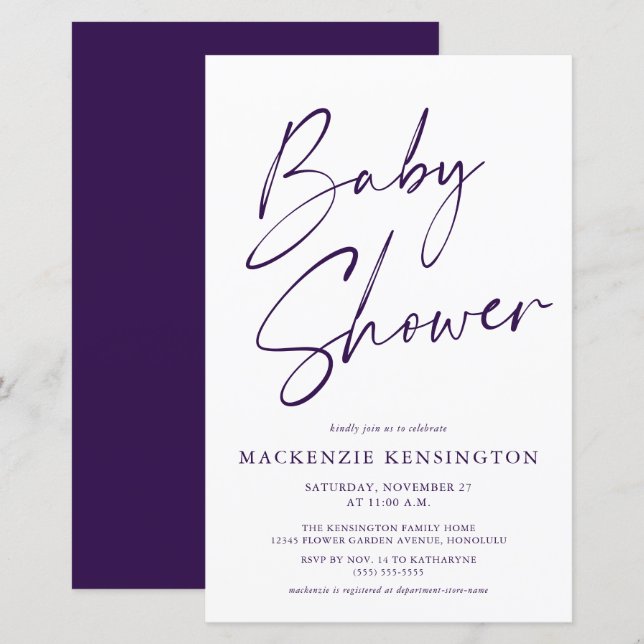 Budget Royal Purple Simple Script Baby Shower (Front/Back)