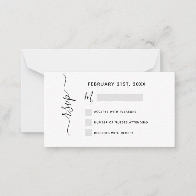 Budget RSVP Wedding Black White Script Note Card (Front)