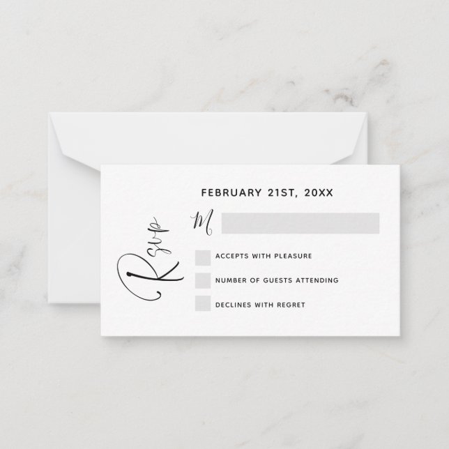Budget RSVP Wedding Black White Script Note Card (Front)