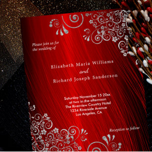 Budget Ruby Red Grey Swirls Wedding Invitation