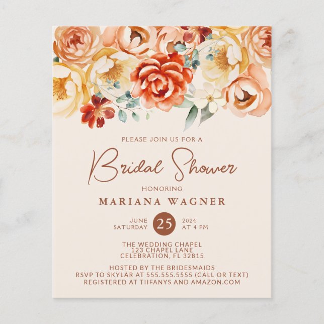 Budget Rust Beige Romantic Floral Bridal Shower (Front)