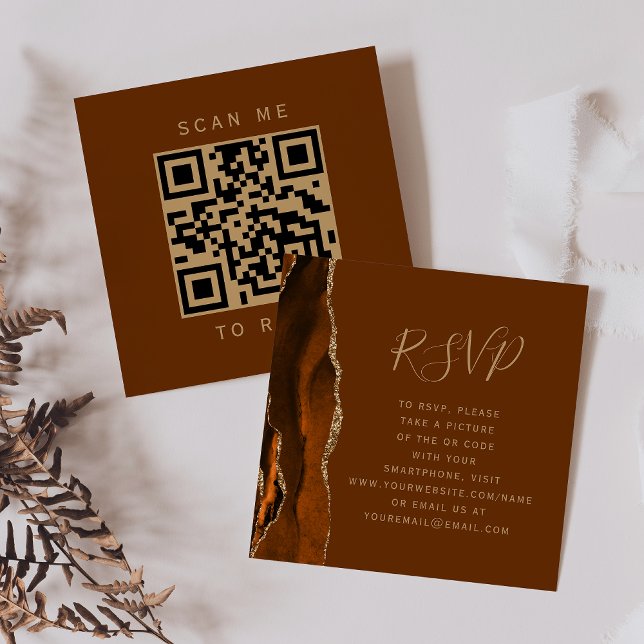 Budget Rust Gold Agate Brown Wedding QR Code RSVP Enclosure Card (Creator Uploaded)