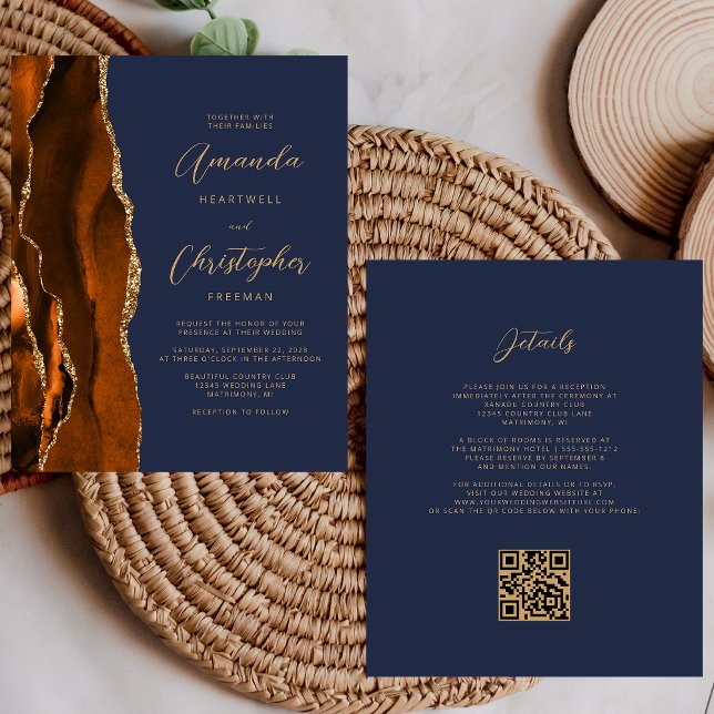 Budget Rust Gold Agate Navy Blue QR Code Wedding (Creator Uploaded)