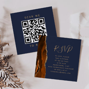 Budget Rust Gold Agate Navy Wedding QR Code RSVP Enclosure Card