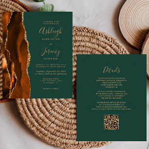 Budget Rust Gold Green QR Code Wedding Invitation