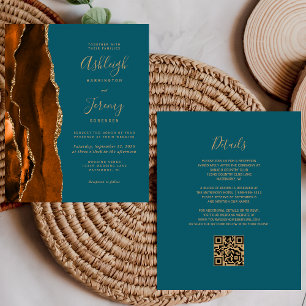 Budget Rust Gold Teal QR Code Wedding Invitation