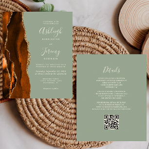 Budget Rust Sage Green QR Code Wedding Invitation