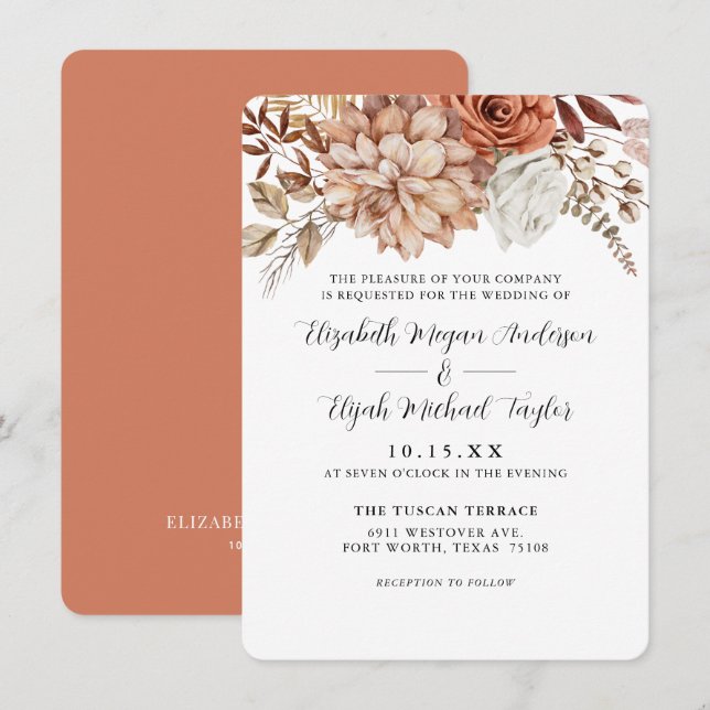 Budget Rust Terracotta Fall Floral Wedding Invitation (Front/Back)