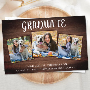 Budget Rustic 3 Photo Graduation Invitation