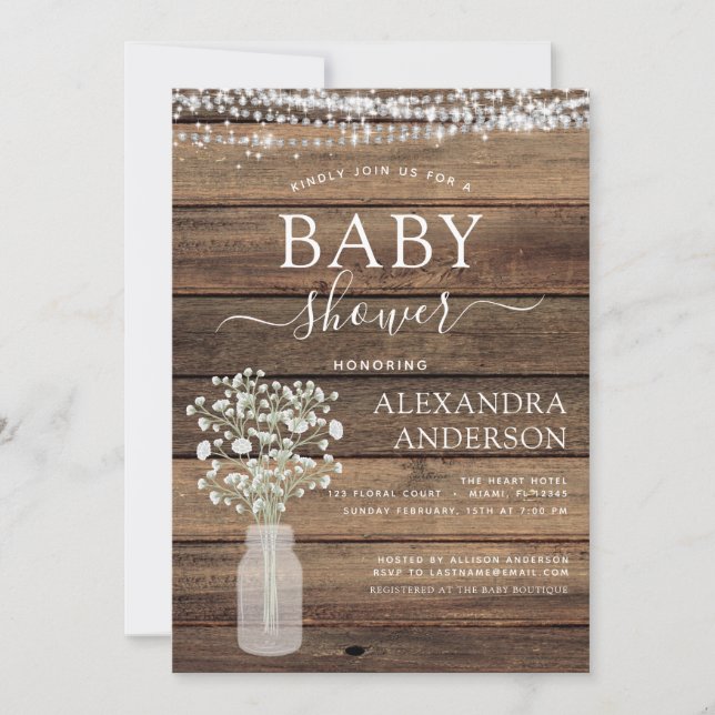 Budget Rustic Baby Shower Jar Lights Farmhouse Invitation (Front)