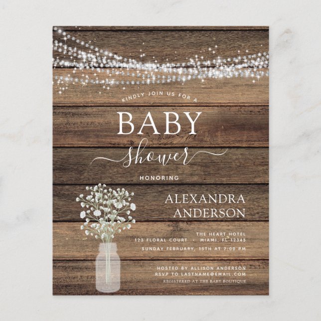 Budget Rustic Baby Shower Jar Lights Invitation Flyer (Front)