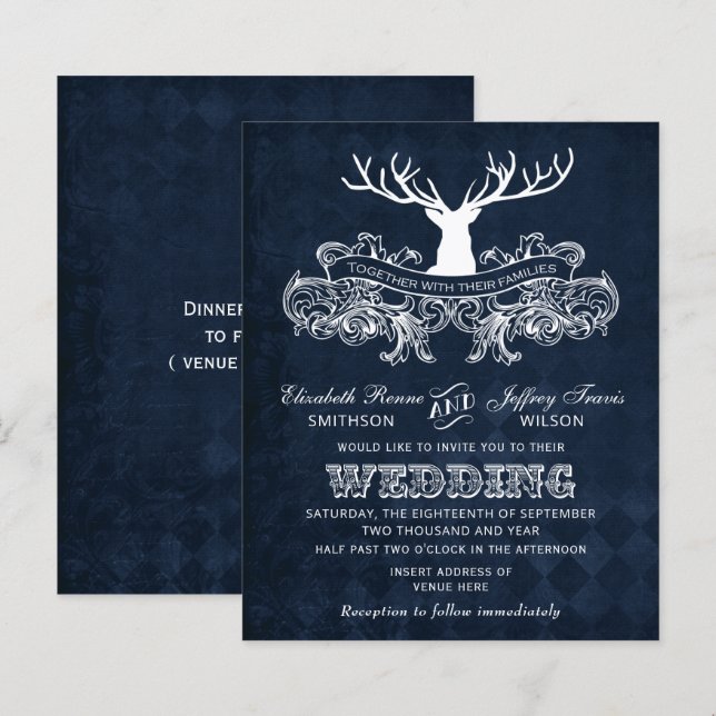 Budget Rustic Blue Antlers Deer Wedding Invitation (Front/Back)