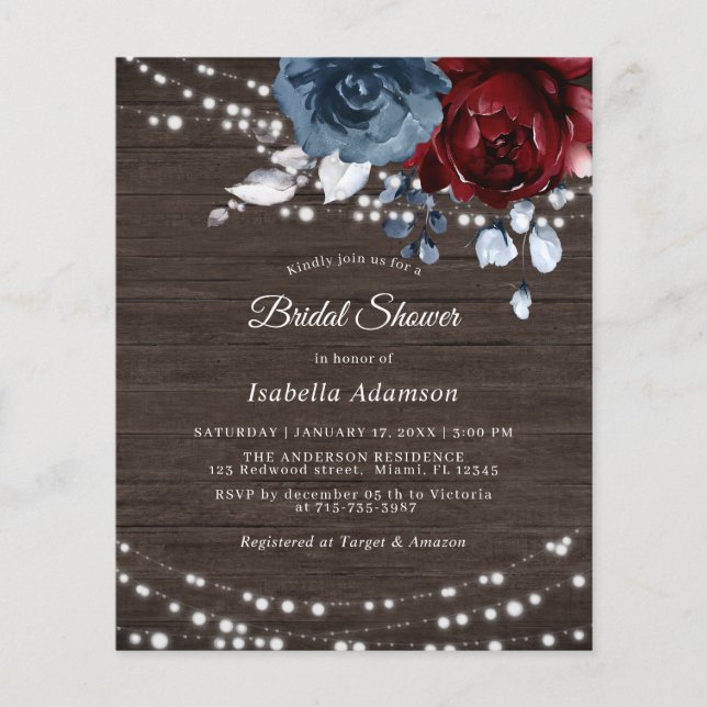 Budget Rustic Blue Floral Bridal Shower Invitation (Front)