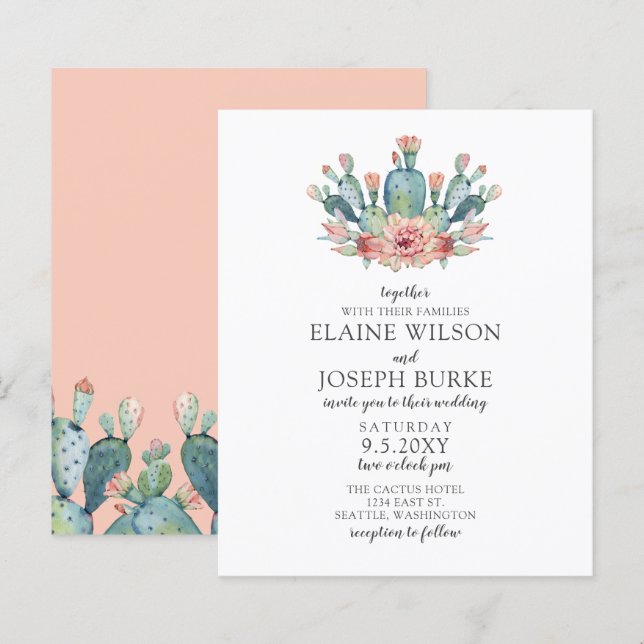 Budget Rustic Blush Cacti Wedding Invitation (Front/Back)