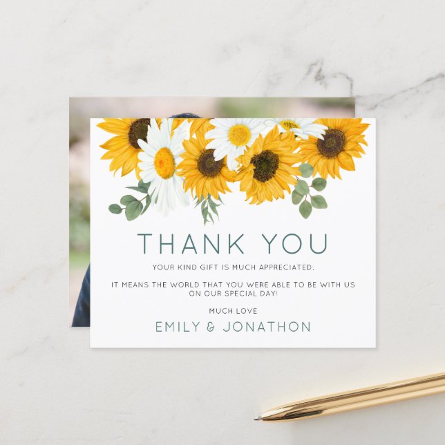 Budget Rustic Boho Sunflowers Photo Thank You (Front/Back In Situ)