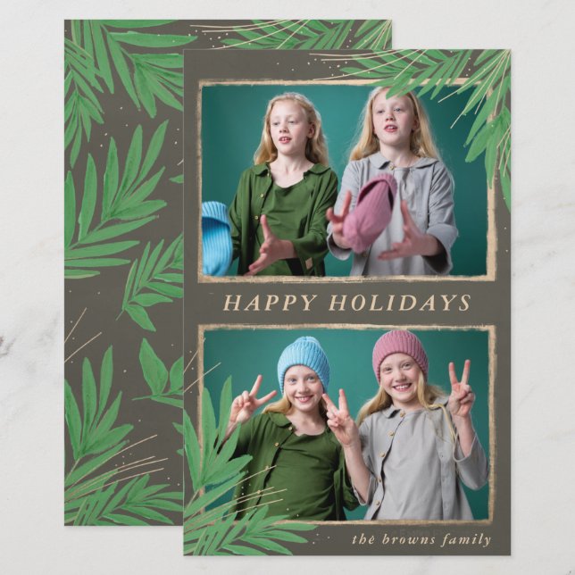 Budget Rustic Botanical Two Photos Holiday Card (Front/Back)