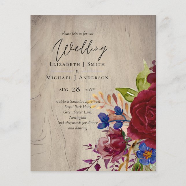BUDGET Rustic Burgundy Blue Floral Wedding Invites (Front)