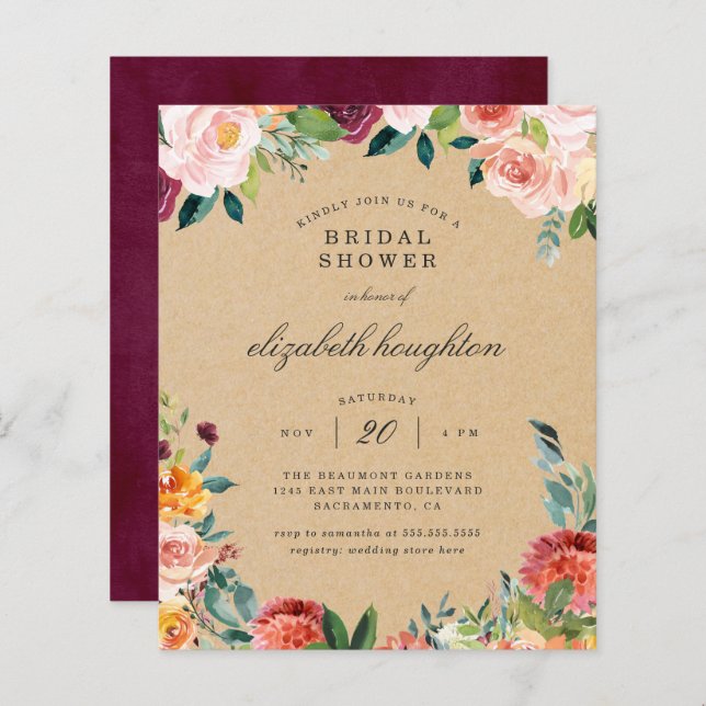 Budget Rustic Burgundy Blush Floral Bridal Shower (Front/Back)