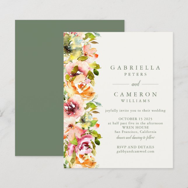 Budget Rustic Burgundy Green Floral Wedding Invite (Front/Back)