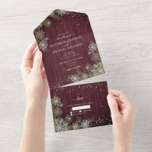 Budget Rustic Burgundy Silver Winter Wood Wedding All In One Invitation