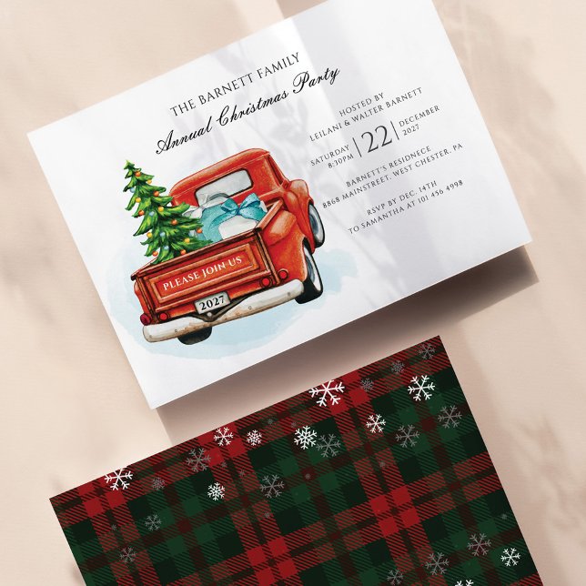 Budget Rustic Business Christmas Party Invitation (Snowflakes Plaid Red Green Check Christmas Party Invitation)