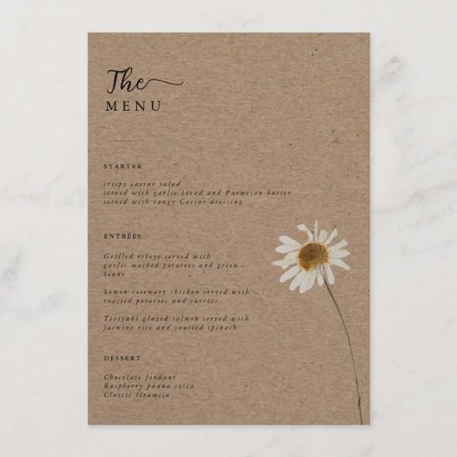 Budget Rustic Dried Sunflower Kraft Wedding Menu (Front)