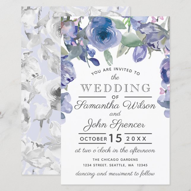 Budget Rustic Dusty Blue Floral Wedding Invitation (Front/Back)