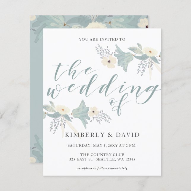 Budget Rustic Dusty Blue Floral Wedding Invitation (Front/Back)