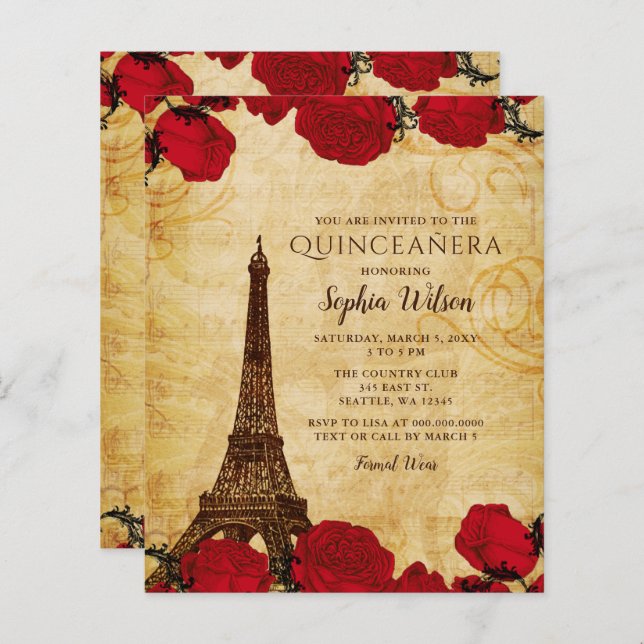  Budget Rustic Eiffel Tower Quinceañera Invitation (Front/Back)