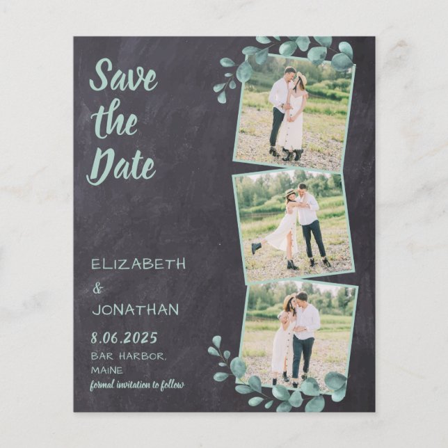 Budget Rustic Eucalyptus 3 Photo Save The Date (Front)