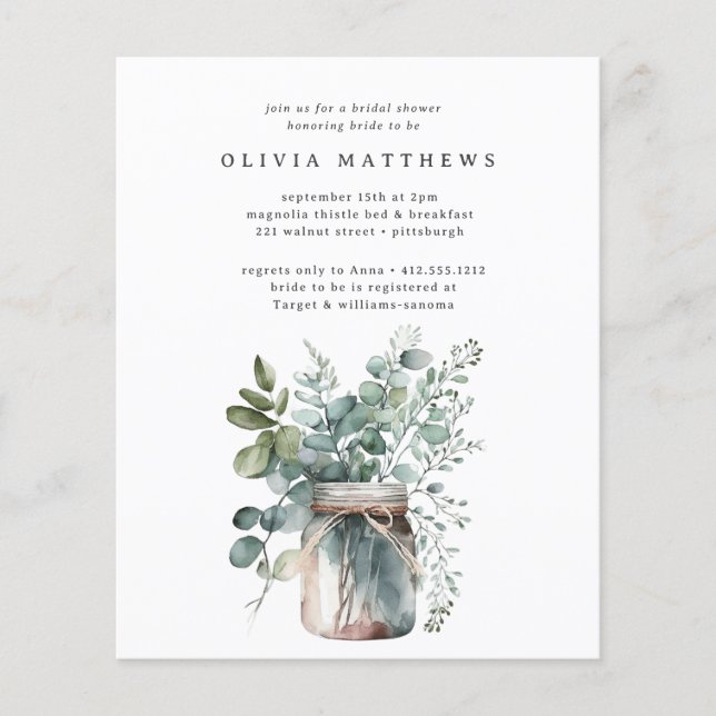 Budget Rustic Eucalyptus Bridal Shower Invitation  (Front)