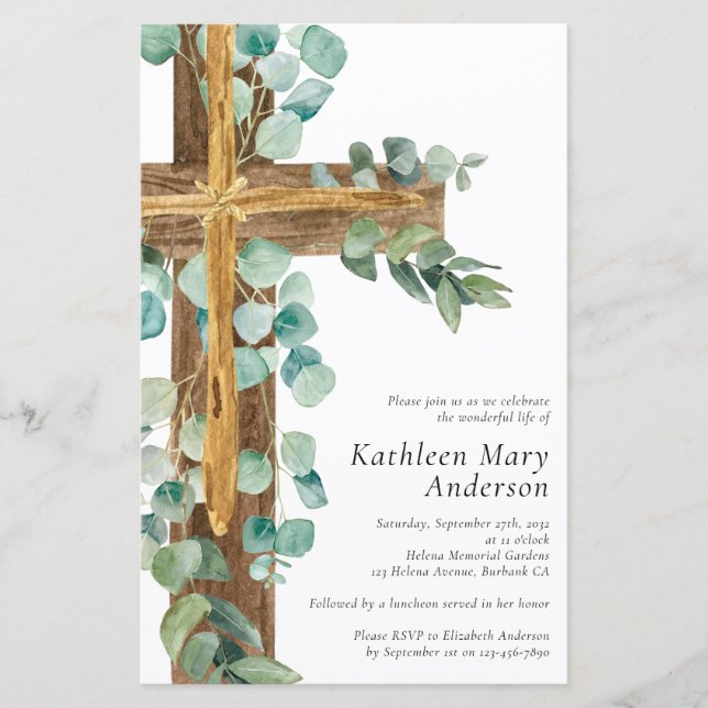 Budget Rustic Eucalyptus Cross Memorial Invitation (Front)