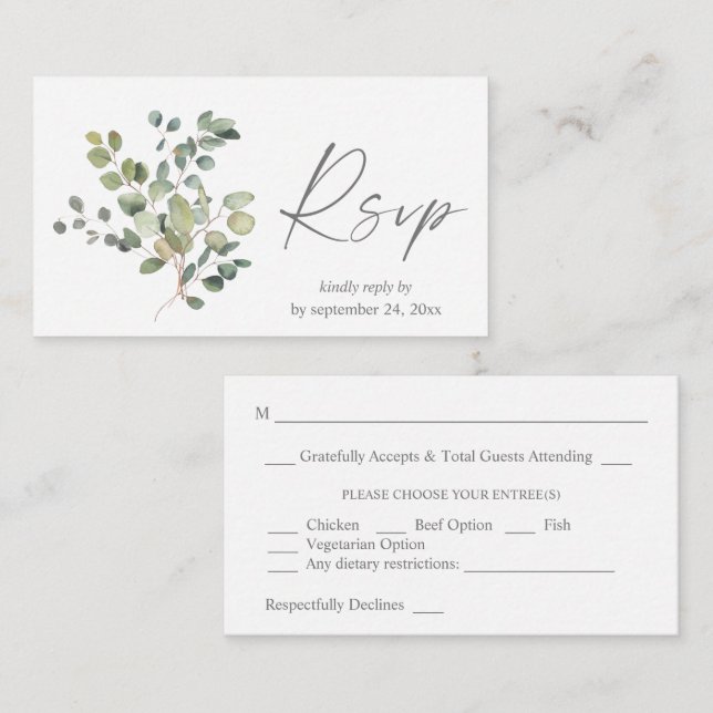 Budget Rustic Eucalyptus Duo 2SM Meal RSVP Enclosure Card (Front/Back)