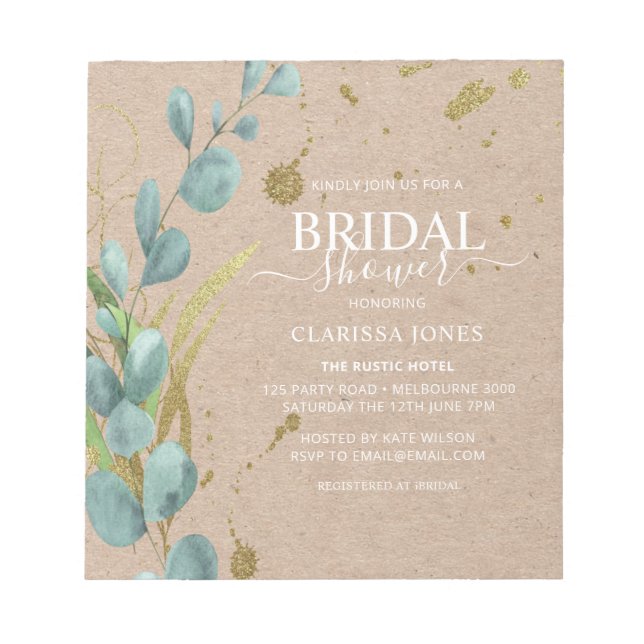 BUDGET Rustic Eucalyptus Kraft Bridal Shower  Notepad (Front)