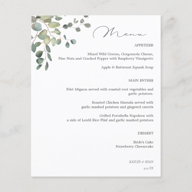 Budget Rustic Eucalyptus Menu (Front)