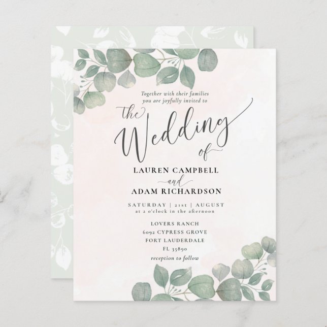 Budget Rustic Eucalyptus Watercolor Green Coral (Front/Back)