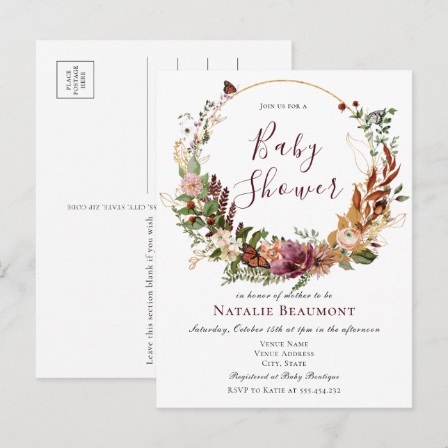 Budget Rustic Fall Floral & Greenery Baby Shower Invitation Postcard (Front/Back)