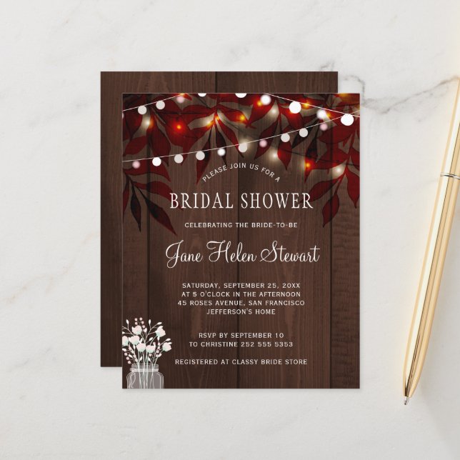Budget rustic fall leaves bridal shower invitation (Front/Back In Situ)