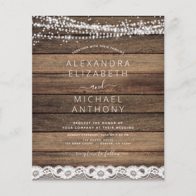Budget Rustic Farmhouse String Lights Lace Wedding Flyer (Front)