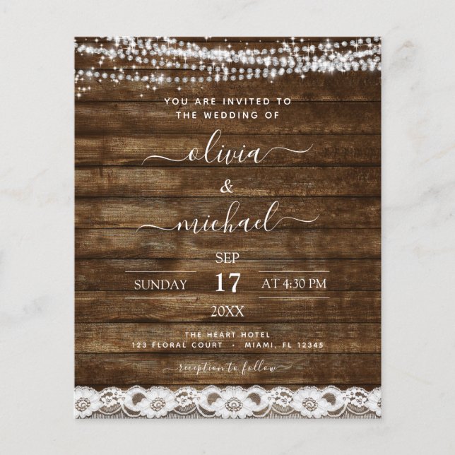 Budget Rustic Farmhouse String Lights Lace Wedding Flyer (Front)